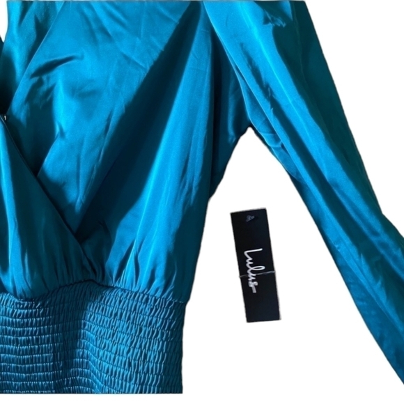 Lulus Jaw-Dropping Beauty Teal Blue Satin Smocked Bodycon Mini Dress Size L - Picture 8 of 9